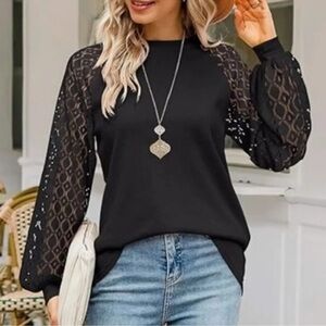 NWT MIHOLL Black Lace Sleeve Sweater Top Elegant Evening Party Blouse Size Med